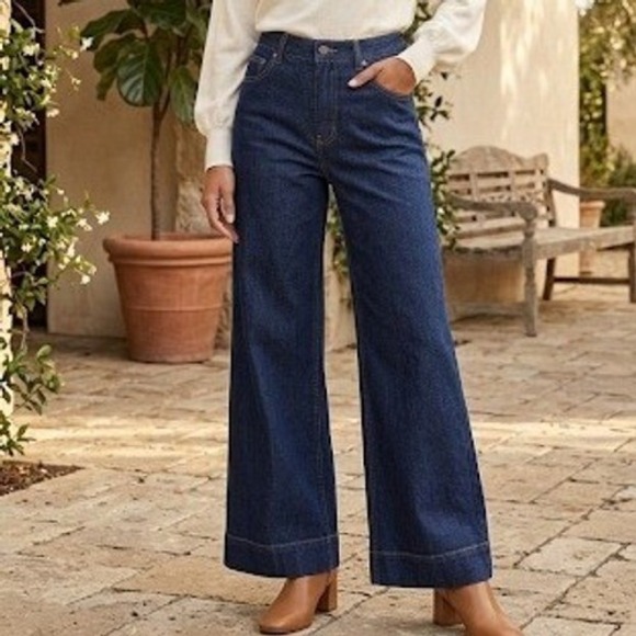 Lands' End Denim - Lands End Women High Rise Wide Leg Trouser Jean Dark Indigo Blue Size 10 Stretch